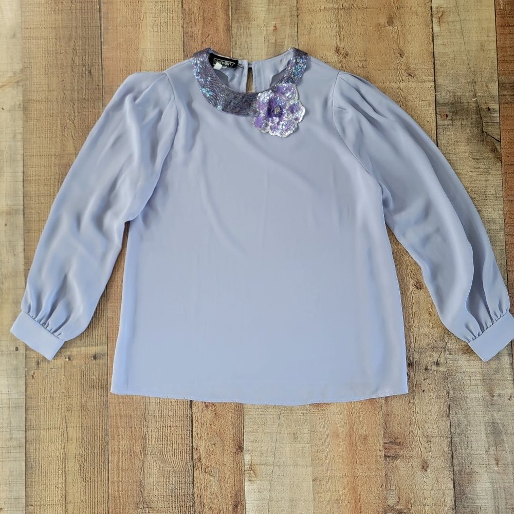 John's Girl Lavender Flower Beaded Collar and Sequin Long Sleeve Blouse
